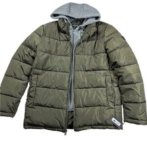 Kenneth Cole Olive Green Puffer Jacket with Gray Hood